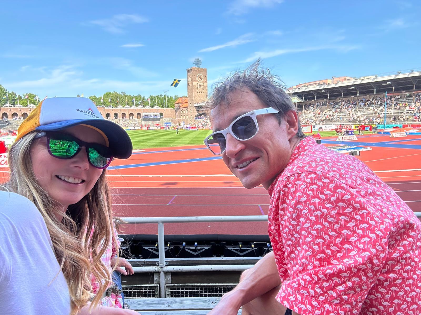 Rhiannon Douglas and James Douglas at an athletics track